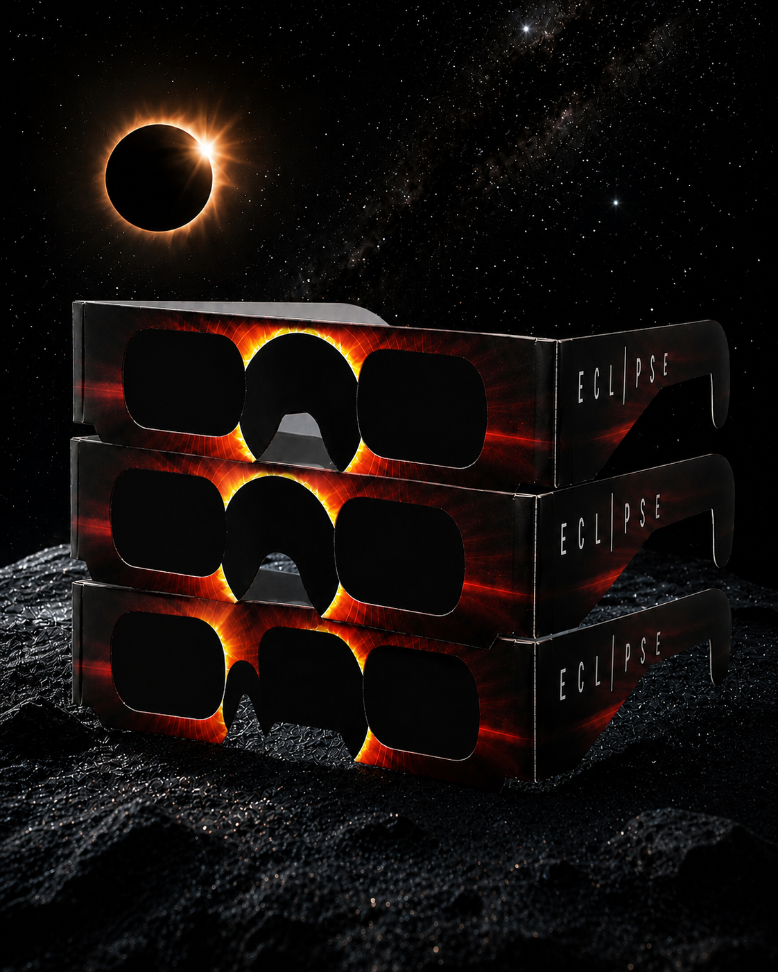 Pack de 3 lunettes d'éclipse solaire certifiées CE / ISO 12312-2 – Éclipse du 12 août 2026