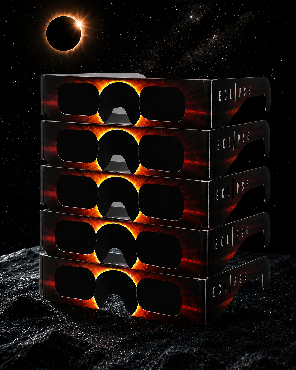 Pack de 5 lunettes d'éclipse solaire certifiées CE / ISO 12312-2 – Éclipse du 12 août 2026