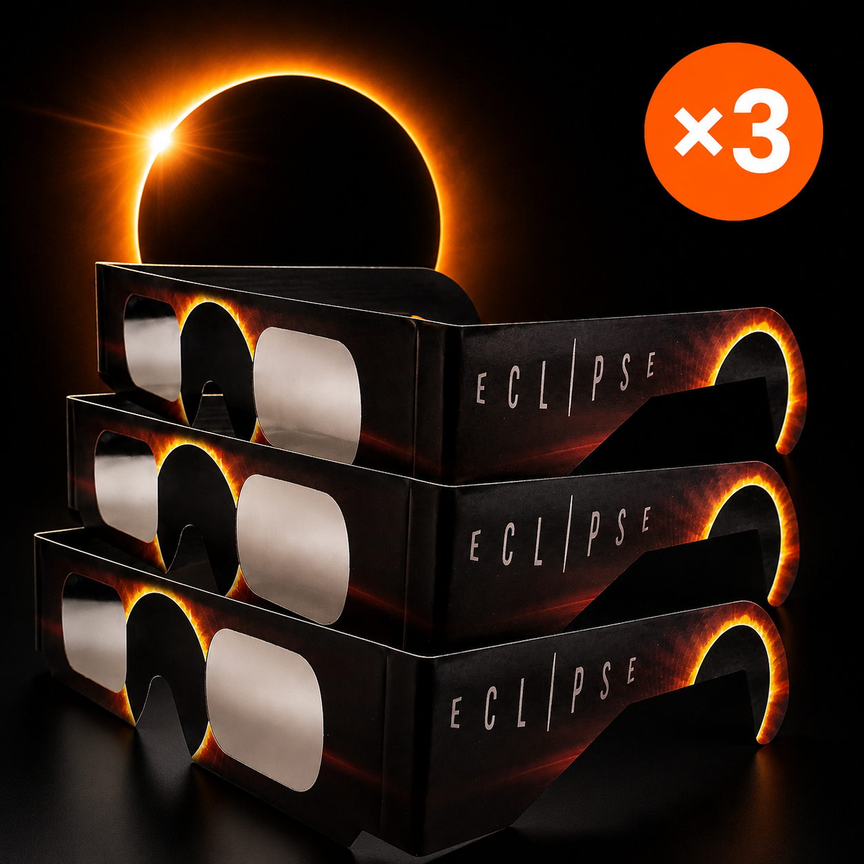 Lunettes d'éclipse solaire certifiées CE / ISO 12312-2 — pack de 3, éclipse du 12 août 2026