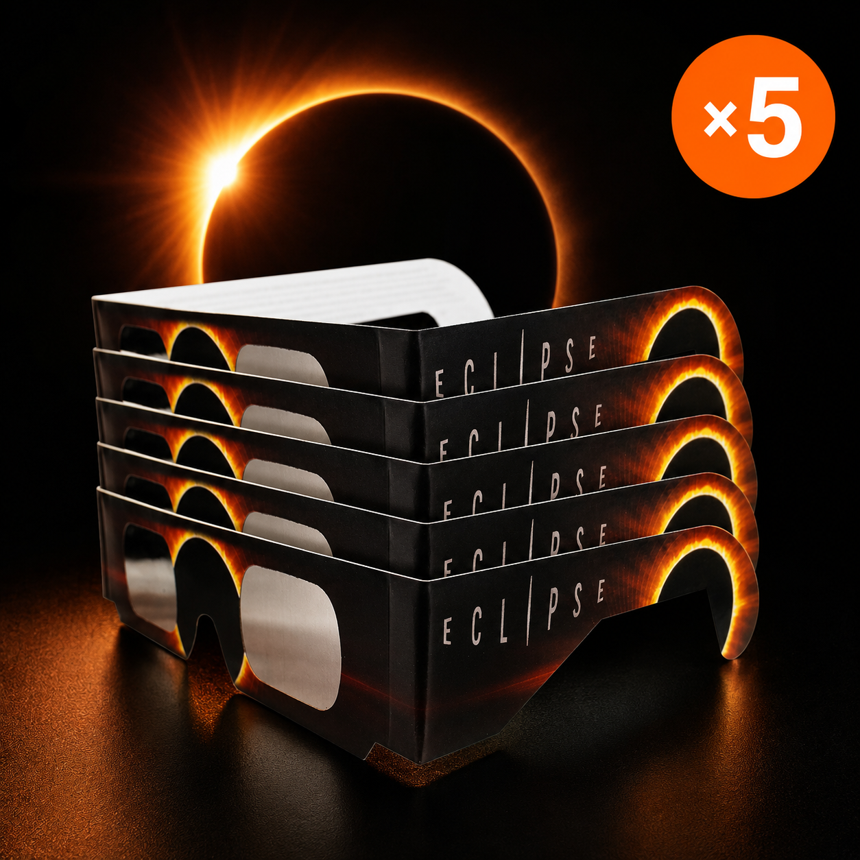 Lunettes d'éclipse solaire certifiées CE / ISO 12312-2 — pack de 5, éclipse du 12 août 2026