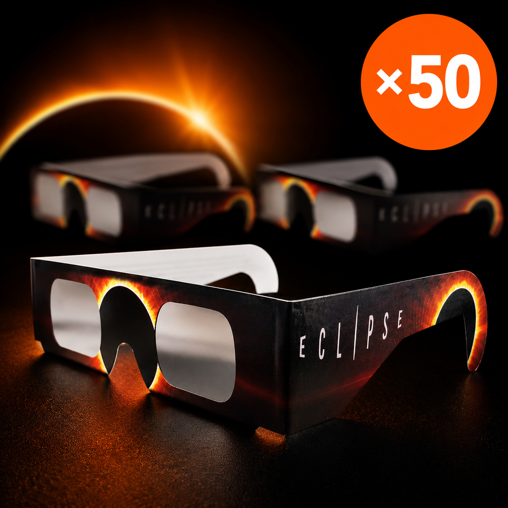 Lunettes d'éclipse solaire certifiées CE / ISO 12312-2 — pack de 50, éclipse du 12 août 2026